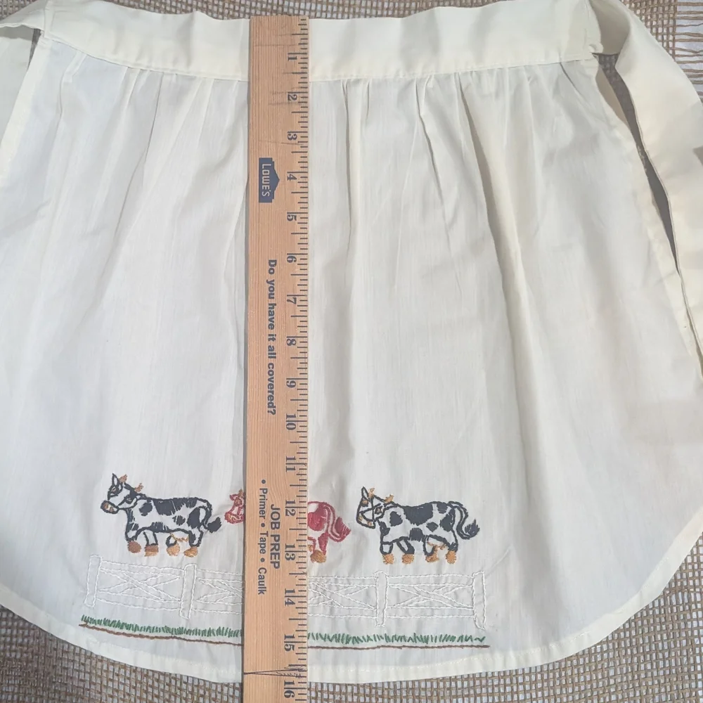 Vintage Hand Embroidered Child's Apron, Cream with Black and Red Cows
